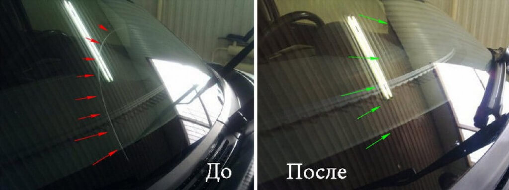 Результат полировки лобового стекла автомобиля